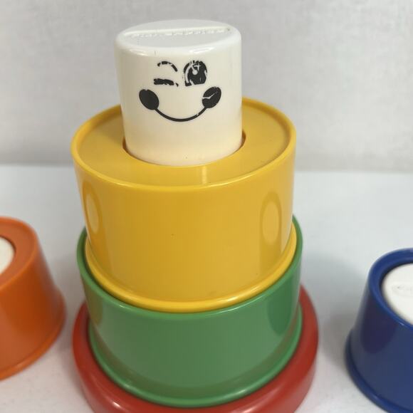 Vtg 1992 Fisher Price Stacking Cups Plastic Faces Smiley People Primary Colors - Picture 6 of 10